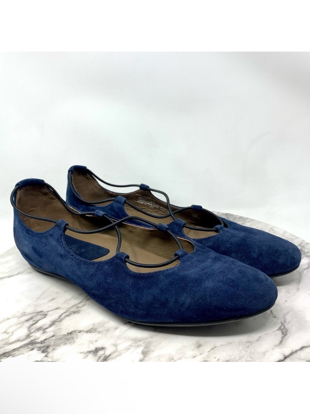 Earthies Essen Ghillie Lace Blue Suede Flats 10 Classic Minimalist Avant Garde